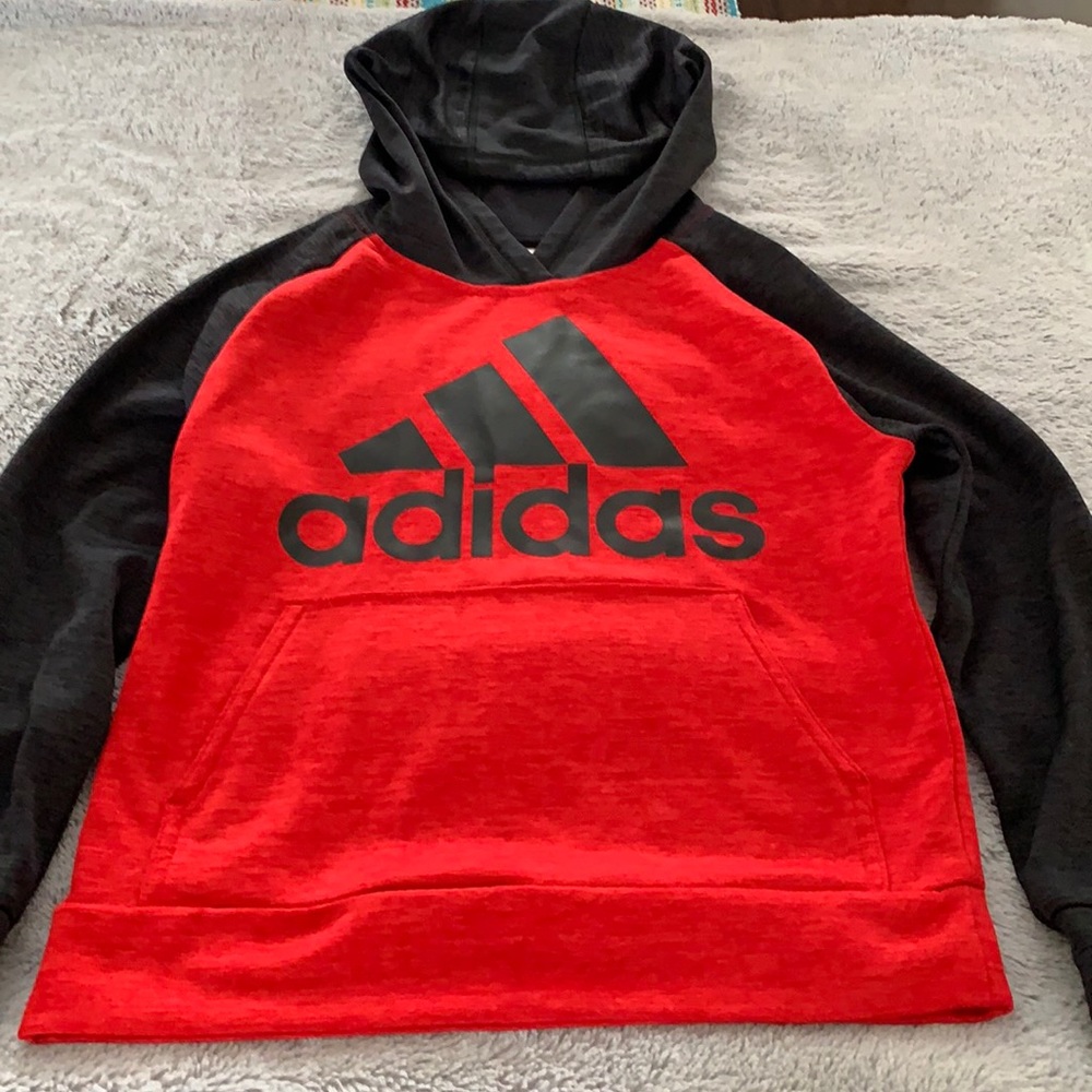 Adidas Red and Black Hooded Sweatshirt Boys S (8)